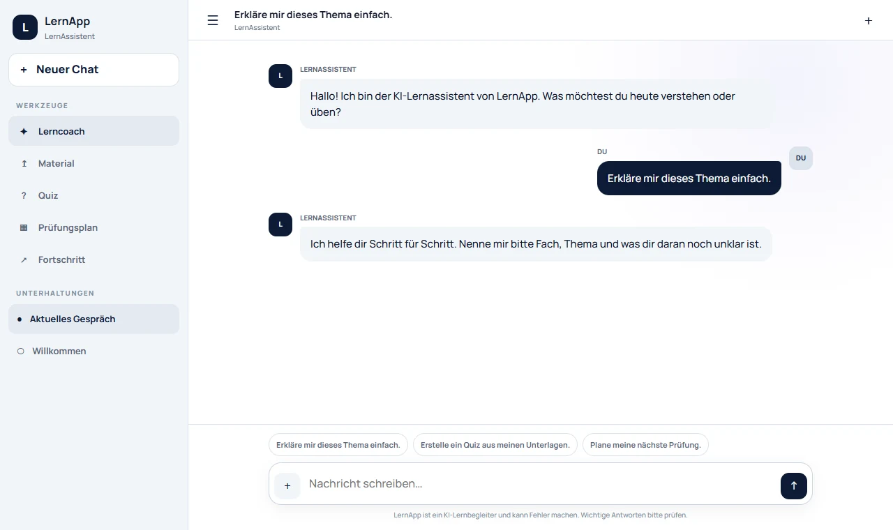 Responsive Innenansicht der LernApp mit KI-Lernassistent, Werkzeugen und Chat